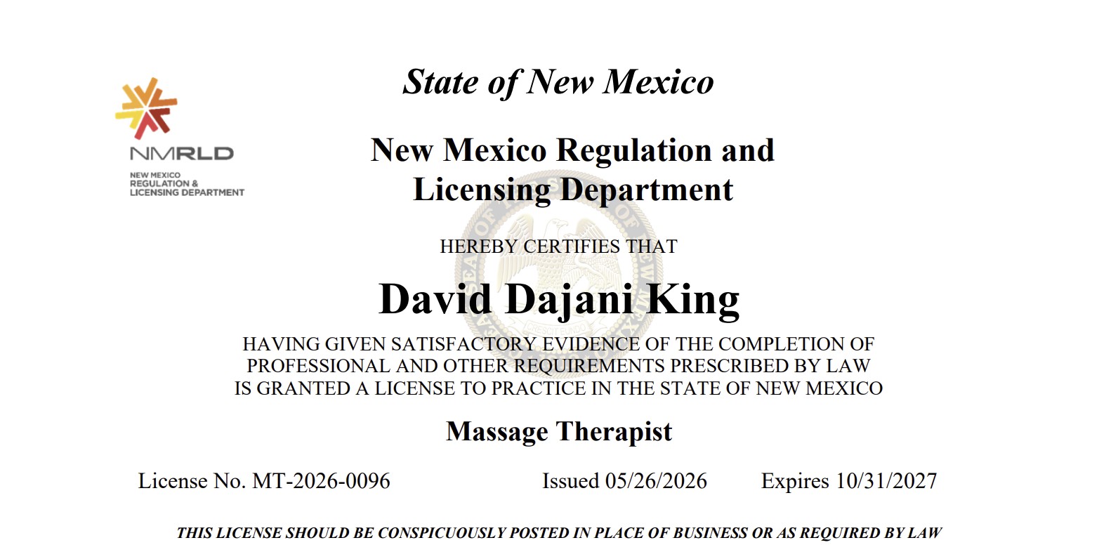 David King - New Mexico Massage Therapy License
